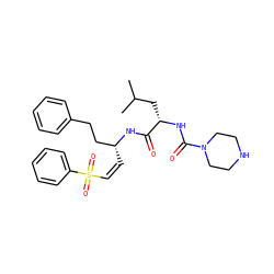 CC(C)C[C@H](NC(=O)N1CCNCC1)C(=O)N[C@H](/C=C\S(=O)(=O)c1ccccc1)CCc1ccccc1 ZINC000095596207