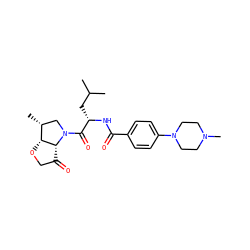 CC(C)C[C@H](NC(=O)c1ccc(N2CCN(C)CC2)cc1)C(=O)N1C[C@@H](C)[C@H]2OCC(=O)[C@H]21 ZINC000096170013
