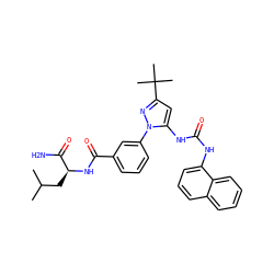 CC(C)C[C@H](NC(=O)c1cccc(-n2nc(C(C)(C)C)cc2NC(=O)Nc2cccc3ccccc23)c1)C(N)=O ZINC000063540270