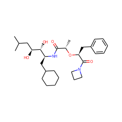 CC(C)C[C@H](O)[C@H](O)[C@H](CC1CCCCC1)NC(=O)[C@H](C)O[C@@H](Cc1ccccc1)C(=O)N1CCC1 ZINC000029463608