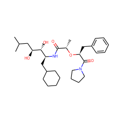 CC(C)C[C@H](O)[C@H](O)[C@H](CC1CCCCC1)NC(=O)[C@H](C)O[C@@H](Cc1ccccc1)C(=O)N1CCCC1 ZINC000029465940