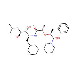 CC(C)C[C@H](O)[C@H](O)[C@H](CC1CCCCC1)NC(=O)[C@H](C)O[C@@H](Cc1ccccc1)C(=O)N1CCCCC1 ZINC000029466219