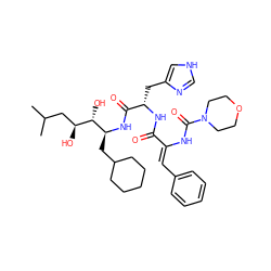 CC(C)C[C@H](O)[C@H](O)[C@H](CC1CCCCC1)NC(=O)[C@H](Cc1c[nH]cn1)NC(=O)/C(=C/c1ccccc1)NC(=O)N1CCOCC1 ZINC000026385389