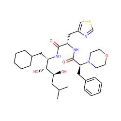 CC(C)C[C@H](O)[C@H](O)[C@H](CC1CCCCC1)NC(=O)[C@H](Cc1cscn1)NC(=O)[C@H](Cc1ccccc1)N1CCOCC1 ZINC000027524182