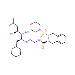 CC(C)C[C@H](O)[C@H](O)[C@H](CC1CCCCC1)NC(=O)CNC(=O)[C@@H]1Cc2ccccc2CN1S(=O)(=O)N1CCOCC1 ZINC000003931093