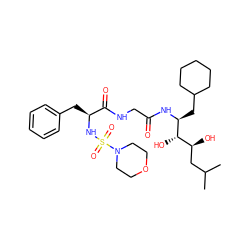 CC(C)C[C@H](O)[C@H](O)[C@H](CC1CCCCC1)NC(=O)CNC(=O)[C@H](Cc1ccccc1)NS(=O)(=O)N1CCOCC1 ZINC000026154855