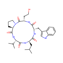 CC(C)C[C@H]1NC(=O)[C@H](C(C)C)NC(=O)[C@H]2CCCN2C(=O)[C@H](CCO)NC(=O)[C@H](Cc2c[nH]c3ccccc23)NC1=O ZINC000027434627