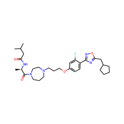 CC(C)CC(=O)N[C@H](C)C(=O)N1CCCN(CCCOc2ccc(-c3noc(CC4CCCC4)n3)c(F)c2)CC1 ZINC000027744289
