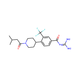 CC(C)CC(=O)N1CCC(c2ccc(C(=O)N=C(N)N)cc2C(F)(F)F)CC1 ZINC000095556592
