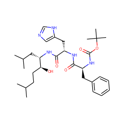 CC(C)CC[C@H](O)[C@H](CC(C)C)NC(=O)[C@H](Cc1cnc[nH]1)NC(=O)[C@H](Cc1ccccc1)NC(=O)OC(C)(C)C ZINC000261164030