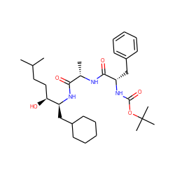 CC(C)CC[C@H](O)[C@H](CC1CCCCC1)NC(=O)[C@H](C)NC(=O)[C@H](Cc1ccccc1)NC(=O)OC(C)(C)C ZINC000058643931