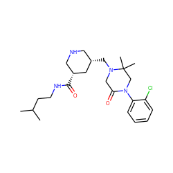 CC(C)CCNC(=O)[C@@H]1CNC[C@H](CN2CC(=O)N(c3ccccc3Cl)CC2(C)C)C1 ZINC000095563276