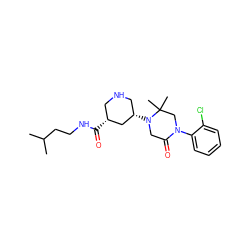CC(C)CCNC(=O)[C@@H]1CNC[C@H](N2CC(=O)N(c3ccccc3Cl)CC2(C)C)C1 ZINC000095563355