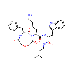 CC(C)CCNC(=O)[C@H](Cc1c[nH]c2ccccc12)NC(=O)[C@H](CCCCN)N1C(=O)COCC(=O)N[C@@H](Cc2ccccc2)C1=O ZINC000026570731