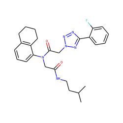 CC(C)CCNC(=O)CN(C(=O)Cn1nnc(-c2ccccc2F)n1)c1cccc2c1CCCC2 ZINC000008667030