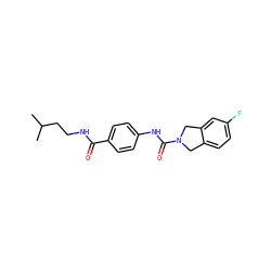 CC(C)CCNC(=O)c1ccc(NC(=O)N2Cc3ccc(F)cc3C2)cc1 ZINC000166031914
