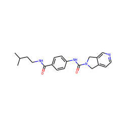 CC(C)CCNC(=O)c1ccc(NC(=O)N2Cc3ccncc3C2)cc1 ZINC000166980135