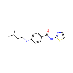CC(C)CCNc1ccc(C(=O)Nc2nccs2)cc1 ZINC000299862072