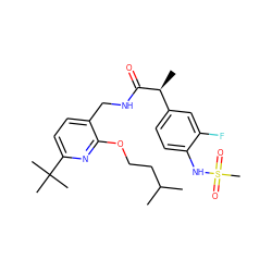 CC(C)CCOc1nc(C(C)(C)C)ccc1CNC(=O)[C@@H](C)c1ccc(NS(C)(=O)=O)c(F)c1 ZINC000147038331