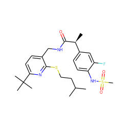 CC(C)CCSc1nc(C(C)(C)C)ccc1CNC(=O)[C@@H](C)c1ccc(NS(C)(=O)=O)c(F)c1 ZINC001772588630