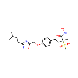 CC(C)CCc1noc(COc2ccc(CC[C@@](C)(C(=O)NO)S(C)(=O)=O)cc2)n1 ZINC000169686510