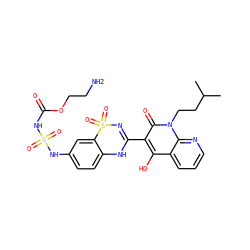 CC(C)CCn1c(=O)c(C2=NS(=O)(=O)c3cc(NS(=O)(=O)NC(=O)OCCN)ccc3N2)c(O)c2cccnc21 ZINC000101057669