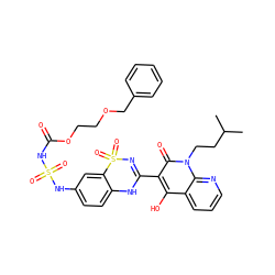 CC(C)CCn1c(=O)c(C2=NS(=O)(=O)c3cc(NS(=O)(=O)NC(=O)OCCOCc4ccccc4)ccc3N2)c(O)c2cccnc21 ZINC000150554445