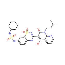 CC(C)CCn1c(=O)c(C2=NS(=O)(=O)c3cc(NS(=O)(=O)NC4CCCCC4)ccc3N2)c(O)c2cccnc21 ZINC000101085912