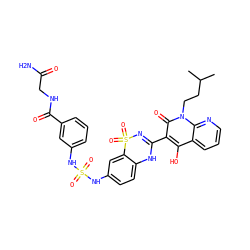 CC(C)CCn1c(=O)c(C2=NS(=O)(=O)c3cc(NS(=O)(=O)Nc4cccc(C(=O)NCC(N)=O)c4)ccc3N2)c(O)c2cccnc21 ZINC000150575594