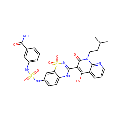 CC(C)CCn1c(=O)c(C2=NS(=O)(=O)c3cc(NS(=O)(=O)Nc4cccc(C(N)=O)c4)ccc3N2)c(O)c2cccnc21 ZINC000101085920