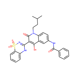 CC(C)CCn1c(=O)c(C2=NS(=O)(=O)c3ccccc3N2)c(O)c2cc(NC(=O)c3ccccc3)ccc21 ZINC000101036402