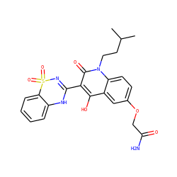 CC(C)CCn1c(=O)c(C2=NS(=O)(=O)c3ccccc3N2)c(O)c2cc(OCC(N)=O)ccc21 ZINC000101077565