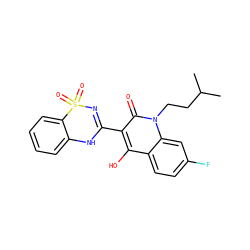 CC(C)CCn1c(=O)c(C2=NS(=O)(=O)c3ccccc3N2)c(O)c2ccc(F)cc21 ZINC000101035908