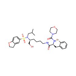 CC(C)CN([C@H](CO)CCCCNC(=O)[C@H](Cc1ccccc1Br)NC(=O)N1CCOCC1)S(=O)(=O)c1ccc2c(c1)CCO2 ZINC000169702538