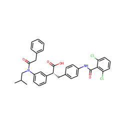 CC(C)CN(C(=O)Cc1ccccc1)c1cccc([C@@H](Cc2ccc(NC(=O)c3c(Cl)cccc3Cl)cc2)C(=O)O)c1 ZINC000028351629