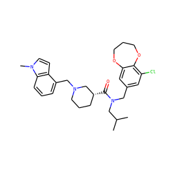 CC(C)CN(Cc1cc(Cl)c2c(c1)OCCCO2)C(=O)[C@@H]1CCCN(Cc2cccc3c2ccn3C)C1 ZINC000114100300