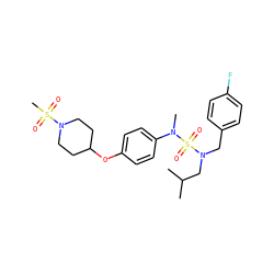CC(C)CN(Cc1ccc(F)cc1)S(=O)(=O)N(C)c1ccc(OC2CCN(S(C)(=O)=O)CC2)cc1 ZINC000169710354