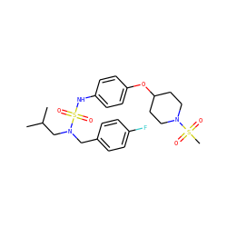 CC(C)CN(Cc1ccc(F)cc1)S(=O)(=O)Nc1ccc(OC2CCN(S(C)(=O)=O)CC2)cc1 ZINC000169710353