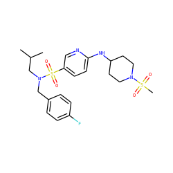 CC(C)CN(Cc1ccc(F)cc1)S(=O)(=O)c1ccc(NC2CCN(S(C)(=O)=O)CC2)nc1 ZINC000219049081