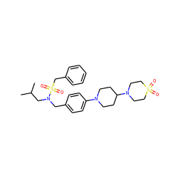 CC(C)CN(Cc1ccc(N2CCC(N3CCS(=O)(=O)CC3)CC2)cc1)S(=O)(=O)Cc1ccccc1 ZINC000147290627