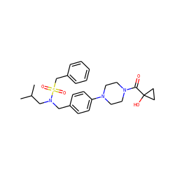 CC(C)CN(Cc1ccc(N2CCN(C(=O)C3(O)CC3)CC2)cc1)S(=O)(=O)Cc1ccccc1 ZINC000147266915