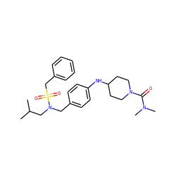 CC(C)CN(Cc1ccc(NC2CCN(C(=O)N(C)C)CC2)cc1)S(=O)(=O)Cc1ccccc1 ZINC000147289695