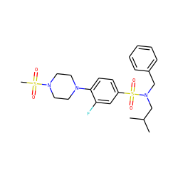 CC(C)CN(Cc1ccccc1)S(=O)(=O)c1ccc(N2CCN(S(C)(=O)=O)CC2)c(F)c1 ZINC000145459105