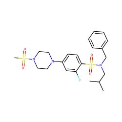 CC(C)CN(Cc1ccccc1)S(=O)(=O)c1ccc(N2CCN(S(C)(=O)=O)CC2)cc1F ZINC000145398492
