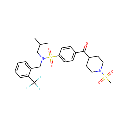 CC(C)CN(Cc1ccccc1C(F)(F)F)S(=O)(=O)c1ccc(C(=O)C2CCN(S(C)(=O)=O)CC2)cc1 ZINC000299828608