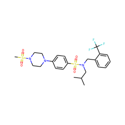 CC(C)CN(Cc1ccccc1C(F)(F)F)S(=O)(=O)c1ccc(N2CCN(S(C)(=O)=O)CC2)cc1 ZINC000145438237