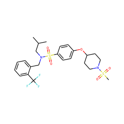 CC(C)CN(Cc1ccccc1C(F)(F)F)S(=O)(=O)c1ccc(OC2CCN(S(C)(=O)=O)CC2)cc1 ZINC000145371305