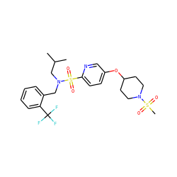 CC(C)CN(Cc1ccccc1C(F)(F)F)S(=O)(=O)c1ccc(OC2CCN(S(C)(=O)=O)CC2)cn1 ZINC000299827200