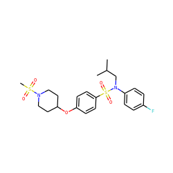 CC(C)CN(c1ccc(F)cc1)S(=O)(=O)c1ccc(OC2CCN(S(C)(=O)=O)CC2)cc1 ZINC000145523114