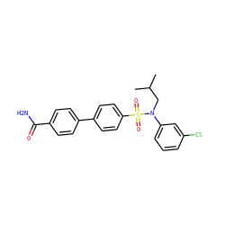 CC(C)CN(c1cccc(Cl)c1)S(=O)(=O)c1ccc(-c2ccc(C(N)=O)cc2)cc1 ZINC000145327079